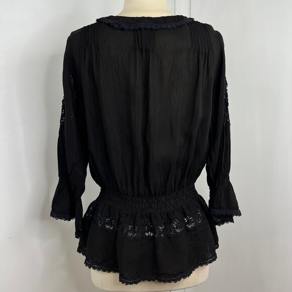 JohnnyWas Women's Sheer Blouse Black Lace Ruffle Neckline Button Down Size Small - Picture 9 of 16
